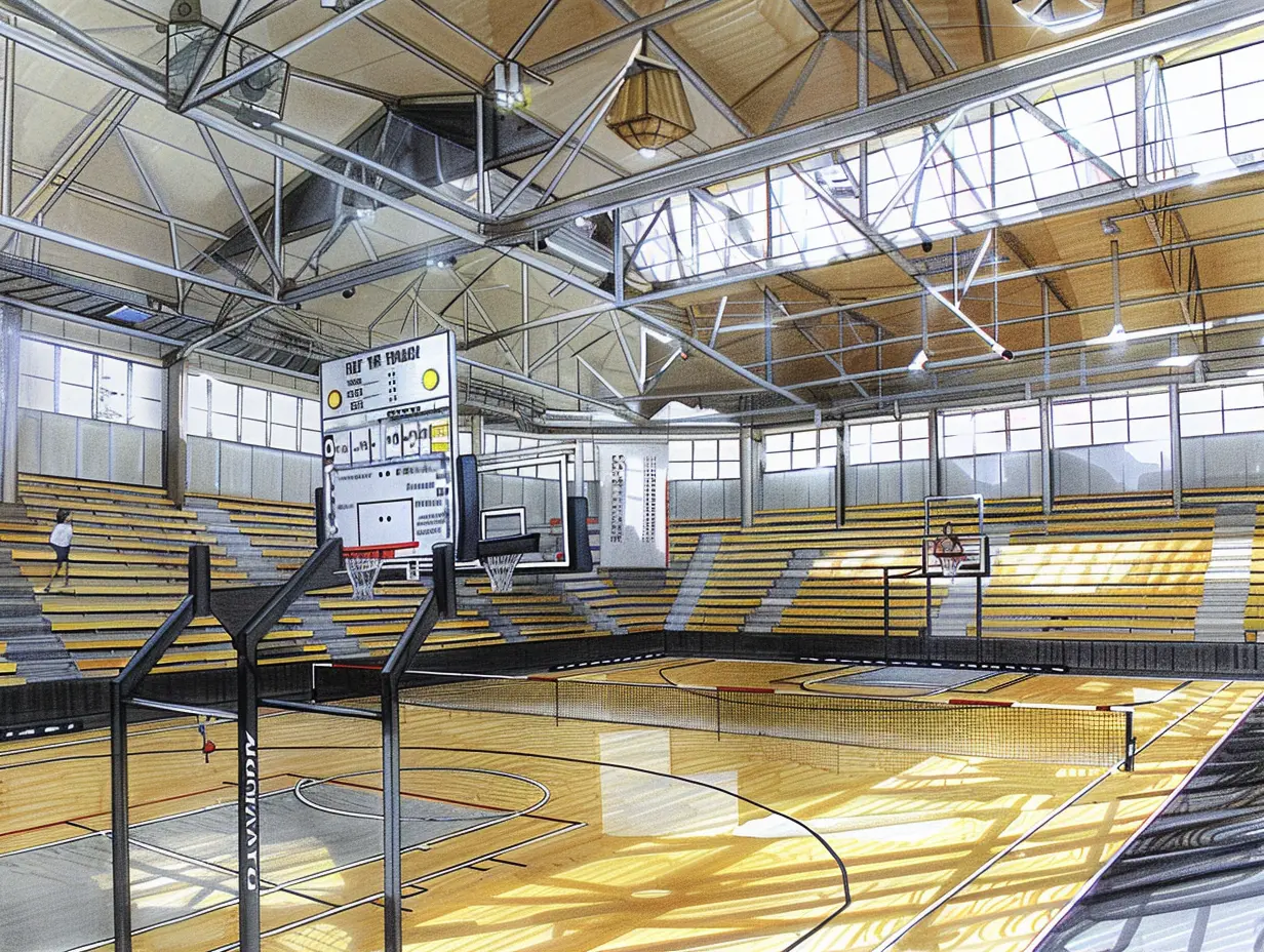 Interior de centro deportivo, cancha de basquetball, realizada con técnica mixta, acuarela y trazo. 