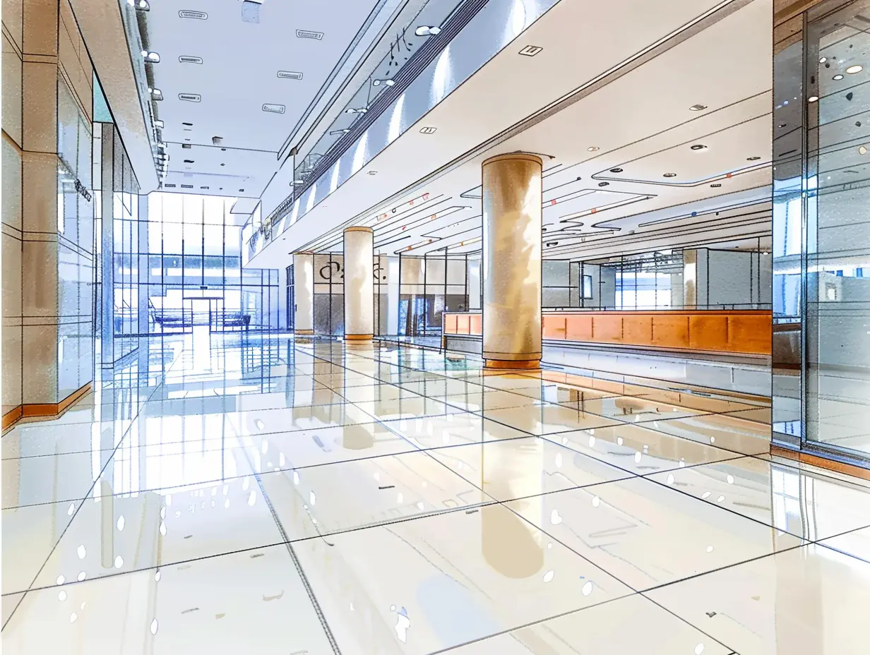 Bosquejos de interior de centro comercial, realizados con mezcla de acuarela y trazo arquitectonico.